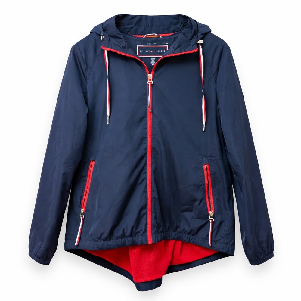 Tommy Hilfiger Hooded Windbreaker Jacket Women M Lightweight Blue Red Zip Logo